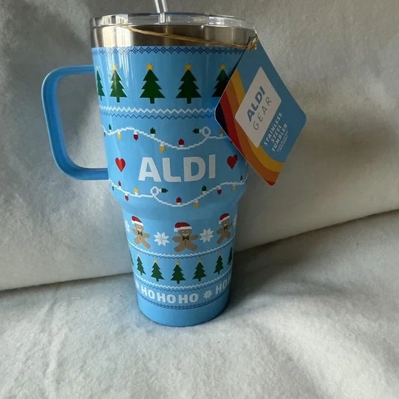 ALDI Gear Stainless Steel Tumbler 28 oz. Christmas Holiday 2024 Handle Straw Lid - Picture 2 of 6